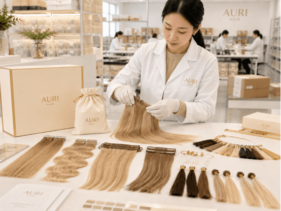 AURI Hair specialist inspecting human hair extensions in the factory showroom